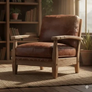 Detailed texture of distressed material on a vintage leather and wood accent chair.