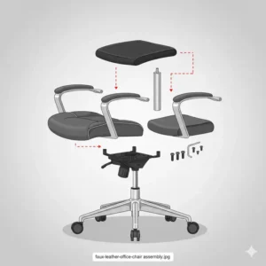 Exploded view of the components and tools included for assembling a faux leather office chair.