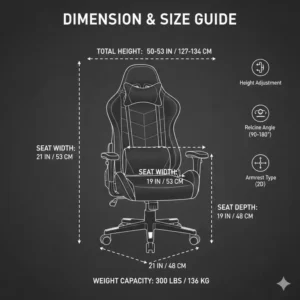 Technical drawing showing the exact dimensions and weight capacity of the leather gaming chair.