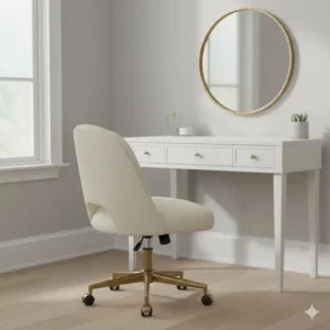 Cream-colored fuzzy chairs for desks used as a versatile vanity and workspace seat.