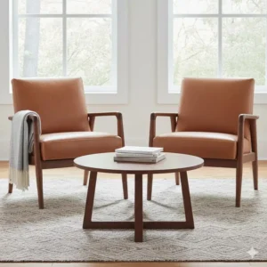 A professional interior setup with a pair of leather and wood accent chair units.