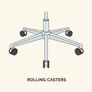 High-quality chrome rolling casters on a classic retro desk chair base for smooth mobility.