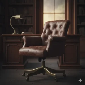 Vintage-inspired distressed leather office chair with a swivel base and antique brass finish.