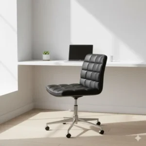 A black leather desk chair showing the pneumatic height adjustment lever and swivel base.