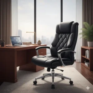 A comfortable leather office chair tucked under a wooden desk with a laptop and desk lamp.