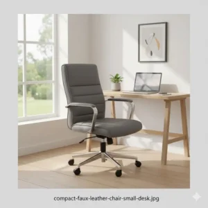 A stylish mid-back faux leather office chair tucked under a minimalist wooden desk.