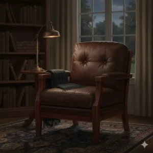A classic dark mahogany and brown leather and wood accent chair in a private library.