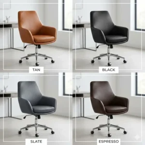 Step-by-step assembly illustration for a DIY leather swivel chair setup.