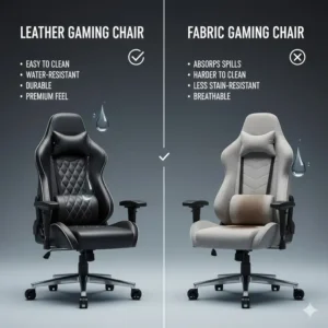 A side-by-side comparison showing why a leather gaming chair is easier to clean than a fabric chair.