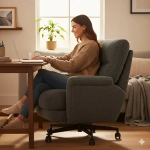 A person working comfortably from home while sitting in oversized fuzzy chairs for desks.