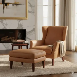 High-end tan leather living room chair paired with a matching ottoman in a luxury home setting.