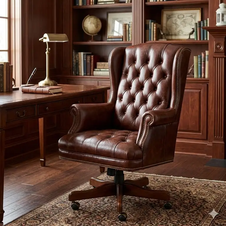 A high-back executive tufted leather desk chair in a mahogany-styled home office.