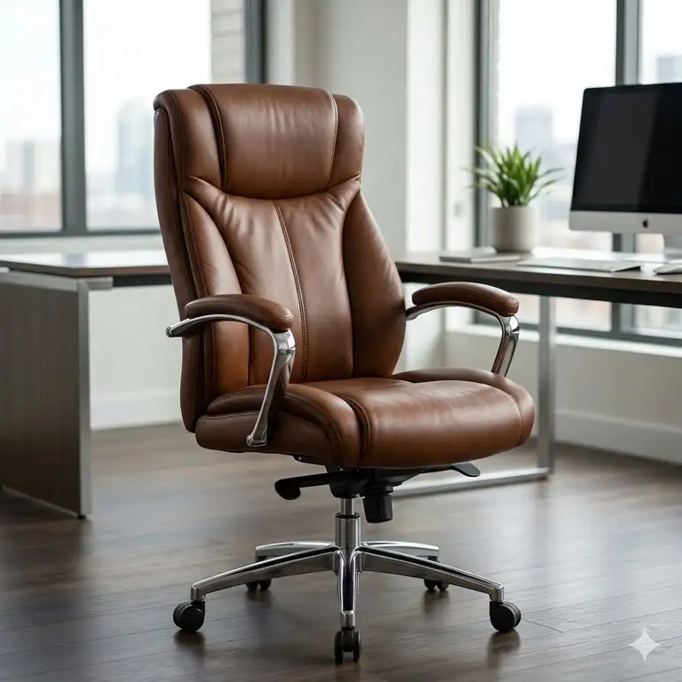 A high-back ergonomic brown leather office chair with chrome accents in a modern workspace.