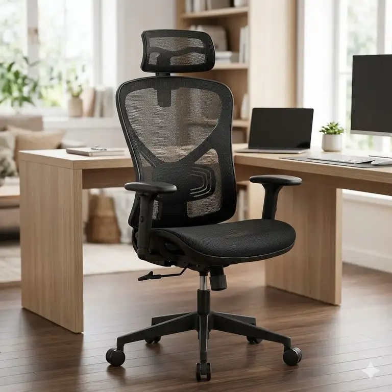 A high-quality featured image of a modern mesh office chair in a professional workspace setting.