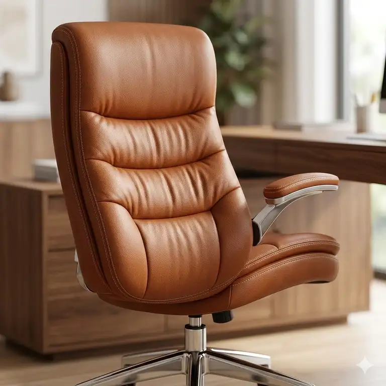 A high-back cognac leather office chair with ergonomic support and a polished chrome base.