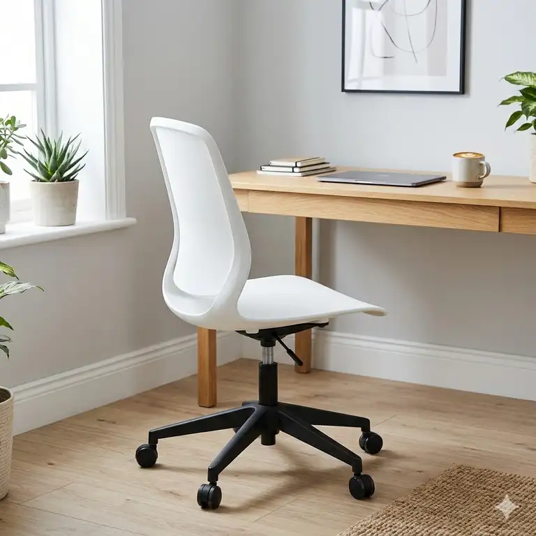A modern ergonomic plastic office chair in a bright minimalist home office setting.