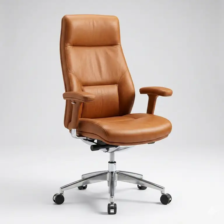 A premium ergonomic high-back tan leather desk chair on a white background.