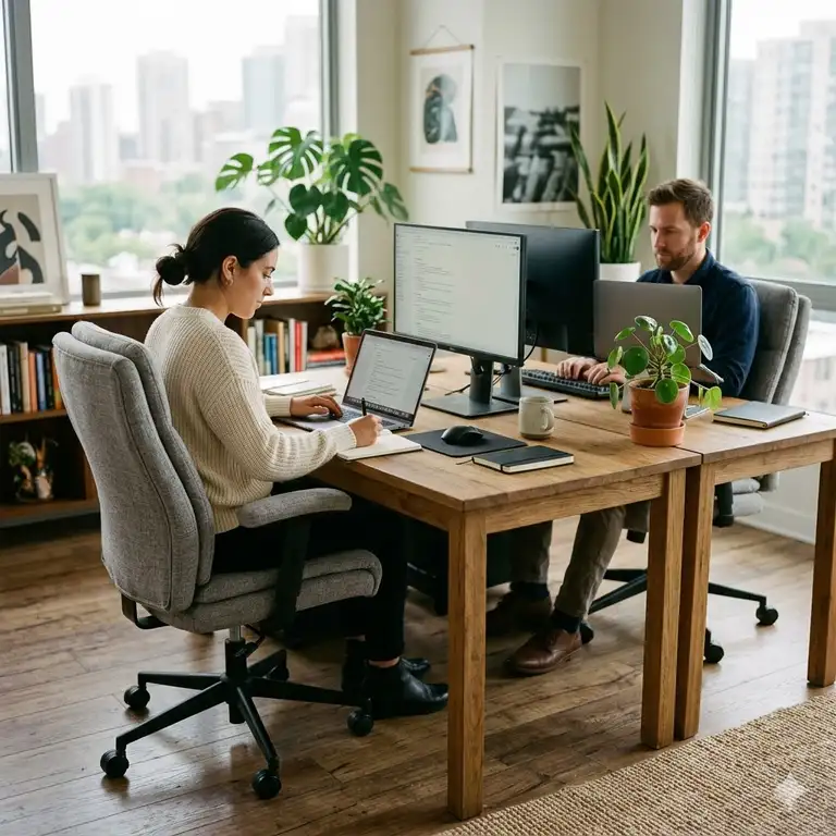 A professional home office setup featuring two modern ergonomic upholstered office chairs at a wooden desk.