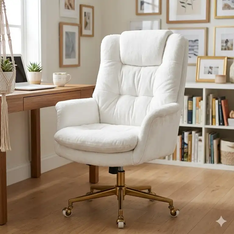 A high-back modern white plush desk chair with gold legs styled in a bright home office setting.