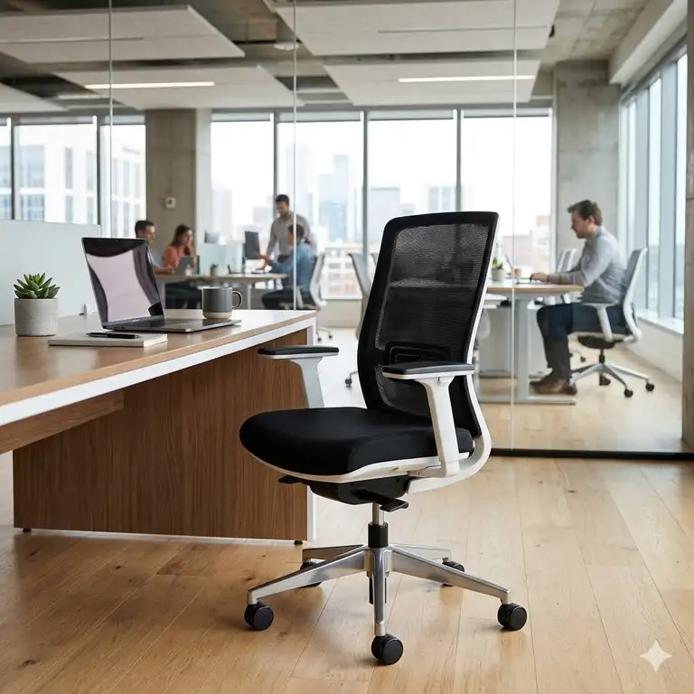 A professional featured image of a modern black and white office chair in a bright corporate workspace.