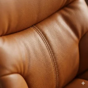 Close-up view of the premium top-grain cognac leather office chair upholstery and reinforced stitching.