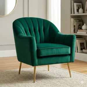 Illustration 1: An emerald green velvet accent armchair showing rich fabric texture and deep-tufted backrest.