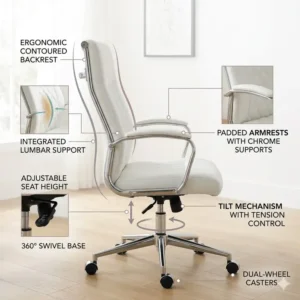 Diagram highlighting the lumbar support and ergonomic design of the white leather office chair.