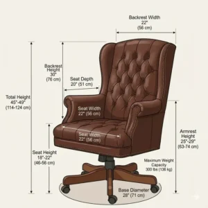Illustration showing the lumbar support and padding of an ergonomic tufted leather desk chair.