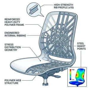 Detailed diagram of a heavy-duty reinforced plastic office chair frame showing internal ribbing.