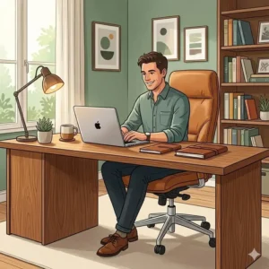 A modern home office workspace featuring a comfortable tan leather desk chair.