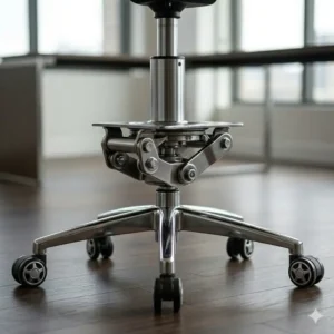 Close-up of the heavy-duty 360-degree swivel base on a brown leather office chair.