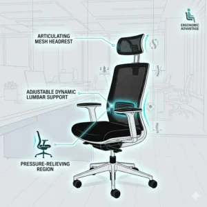 Detailed illustration showing the ergonomic lumbar support of a black and white office chair.