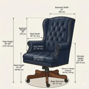 A deep brown tufted leather desk chair featuring a polished wood swivel base.