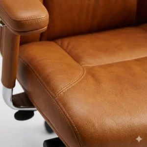 Detailed close-up showing the high-quality stitching of a tan leather desk chair.