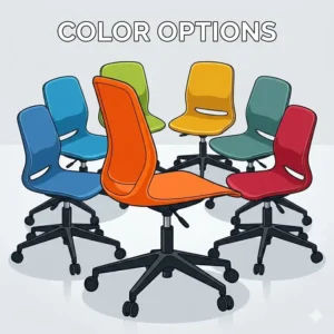 A variety of colorful plastic office chair models arranged in a circle to show color options.