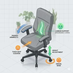 An informative diagram highlighting the lumbar support and ergonomic features of upholstered office chairs.