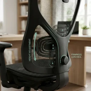 Detailed illustration showing the integrated lumbar support of an ergonomic mesh office chair.