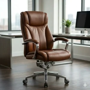 Mid-century modern style brown leather office chair with wood armrests.