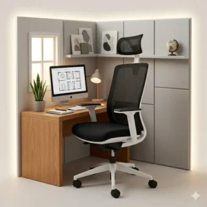 A minimalist home office interior featuring a sleek black and white office chair at a wooden desk.