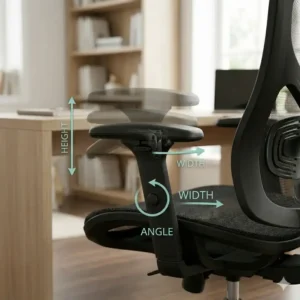 Demonstration of the 3D adjustable armrests on a customized mesh office chair.