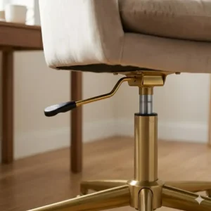 Side view showing the height adjustment lever of a velvet plush desk chair.