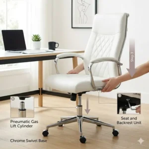 Step-by-step assembly instructions for a high-back white leather office chair.