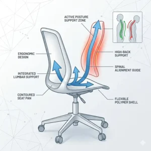 Infographic highlighting the built-in lumbar support and ergonomic curves of a plastic office chair.