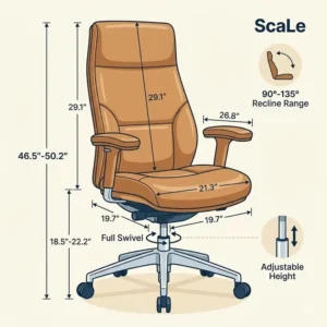 A technical drawing showing the full dimensions of this tan leather desk chair.