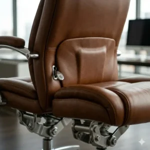 Side view showing the built-in lumbar support of a premium brown leather office chair.