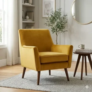 Illustration 3: Mid-century modern style velvet accent armchair with tapered wooden legs and mustard yellow upholstery.