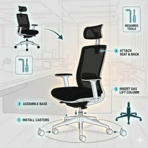 Step-by-step assembly diagram for a black and white office chair including base and caster installation.