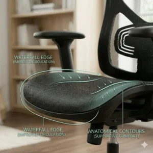 A soft and supportive contoured seat cushion design for a premium mesh office chair.