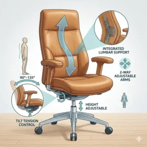 Diagram highlighting the lumbar support and adjustable arms of a tan leather desk chair