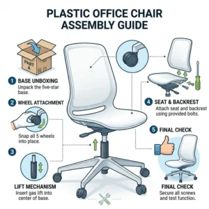Step-by-step instruction guide for a quick and easy plastic office chair assembly process.